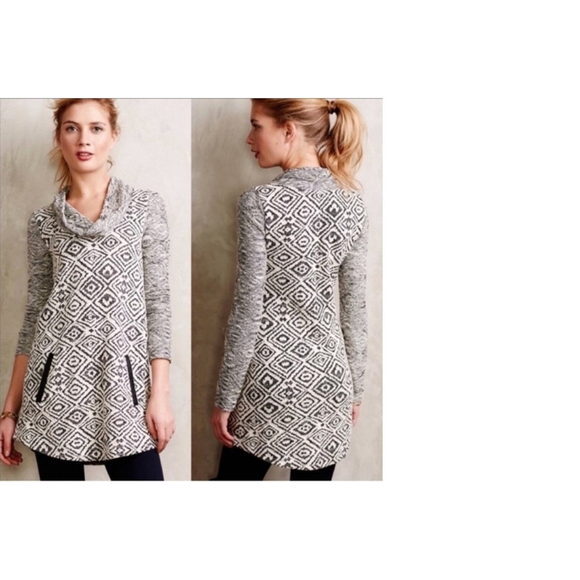 Anthro Postmark Konya Tunic Cowlneck Pocket Sweater Black White Size Small - Picture 1 of 6
